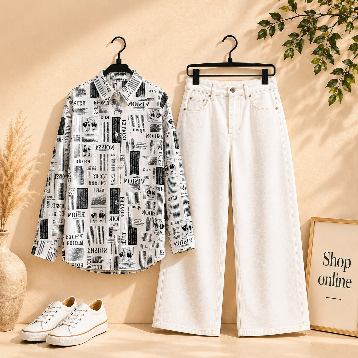 New Paper Button Down Shirt with White Wide Leg Jeans