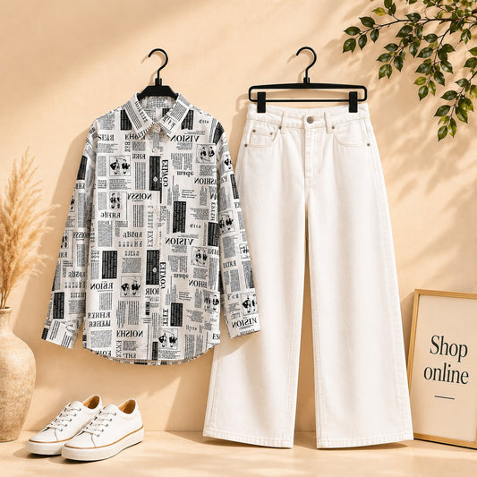 New Paper Button Down Shirt with White Wide Leg Jeans
