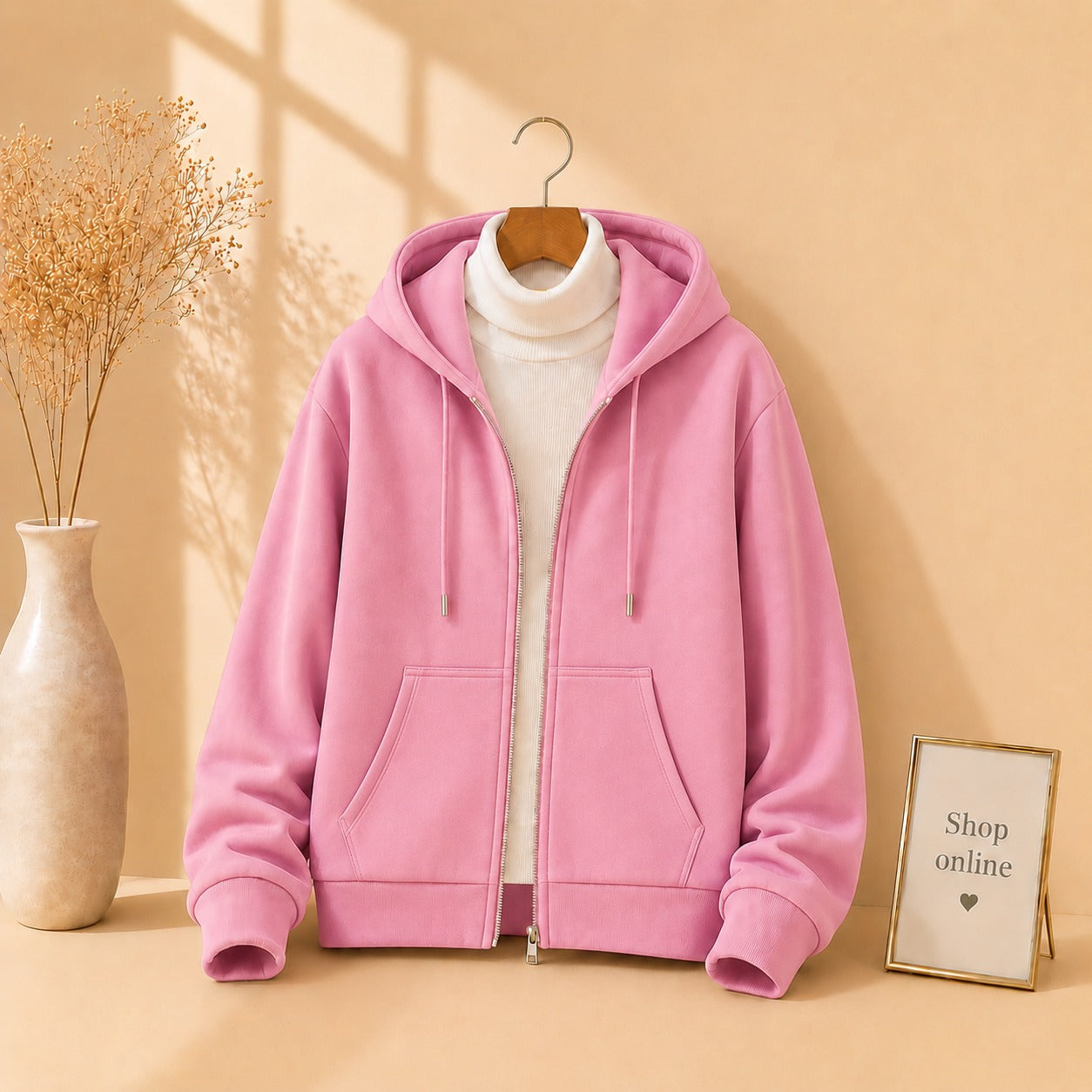Basic Pink Zipper with White Ribknit Highneck
