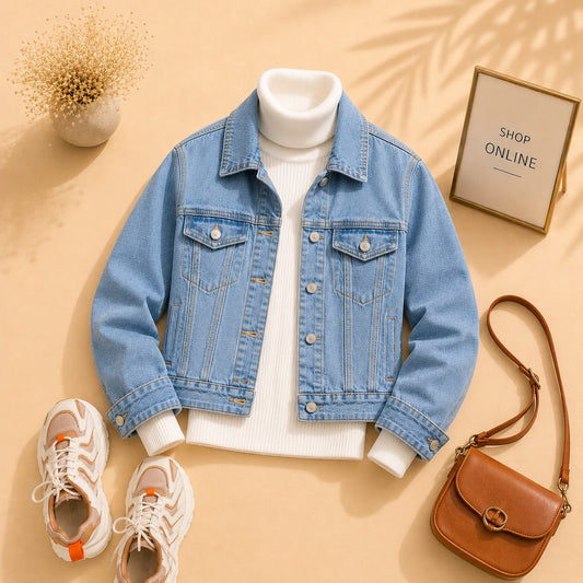 Sky Blue Denim Jacket With White Ribknit High Neck