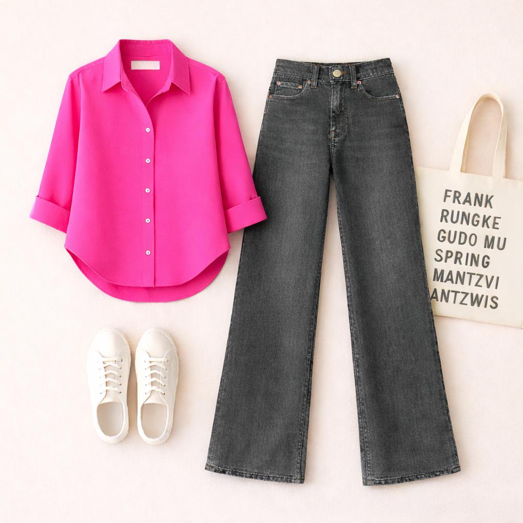 Hot Pink  Button Down Shirt with Malaysia Black Wide Leg Jeans