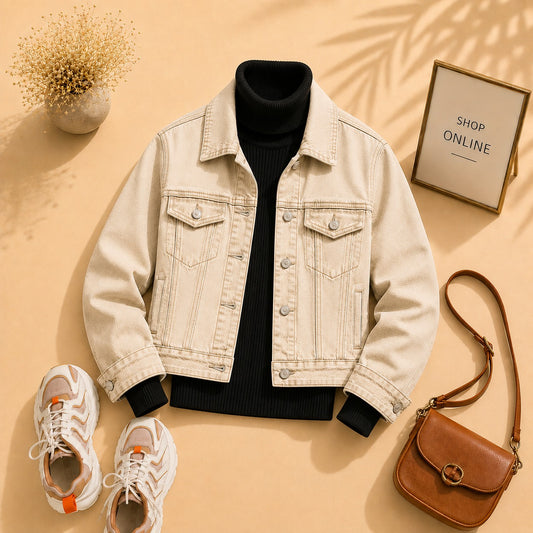 Beige Denim Jacket With Black Ribknit High Neck