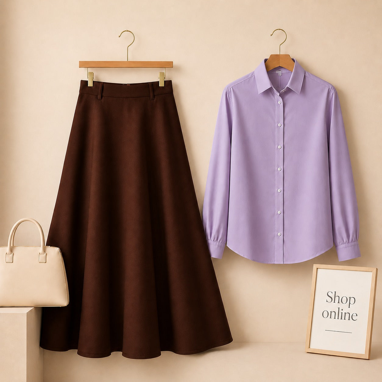 Lilac Button Down Shirt with Brown Cotton Twill Skirt
