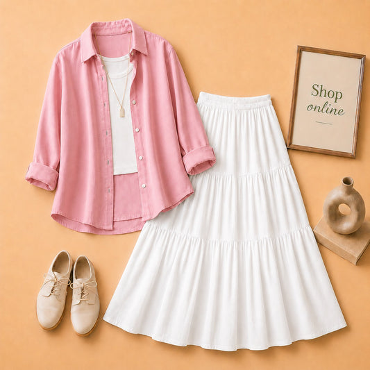 Pink Button Down Shirt with White Tanktop & 3 Tire White Skirt