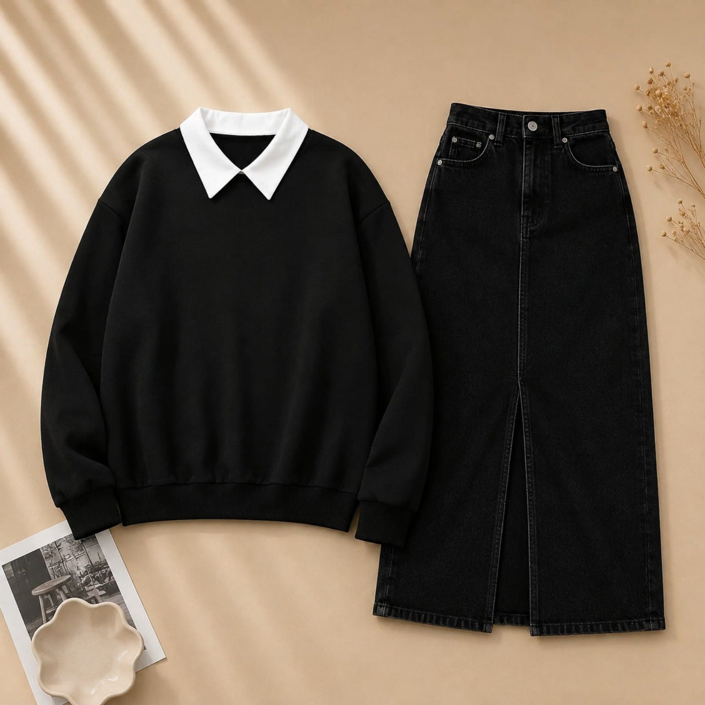 Black Collar Sweatshirt with Black Denim Skirt