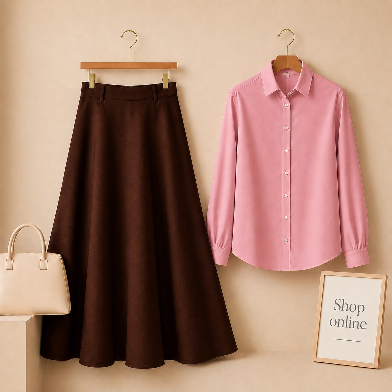 Pink Button Down Shirt with Brown Cotton Twill Skirt