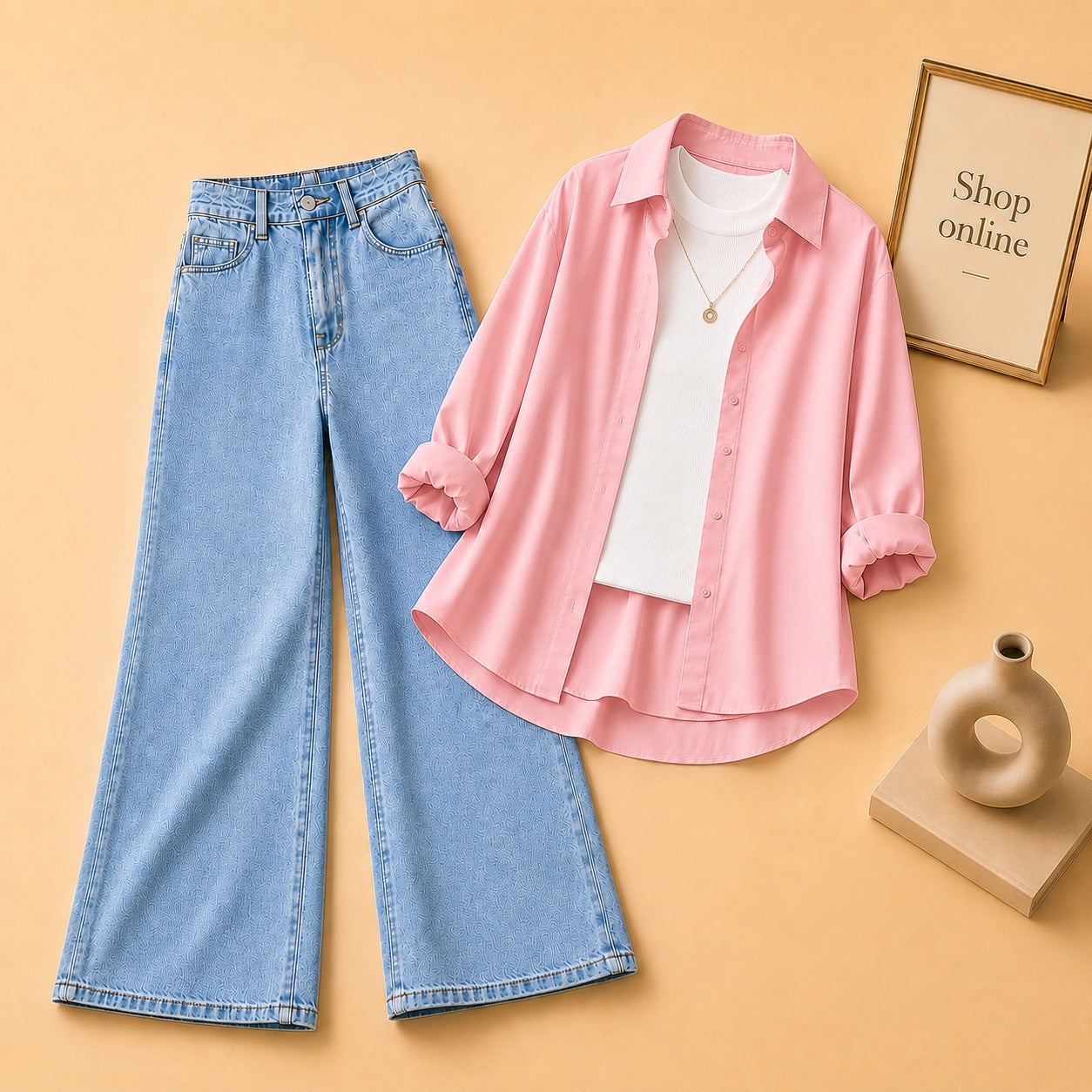 Pink Button Down Shirt with White Tank top and Sky Blue Wide Leg Jeans