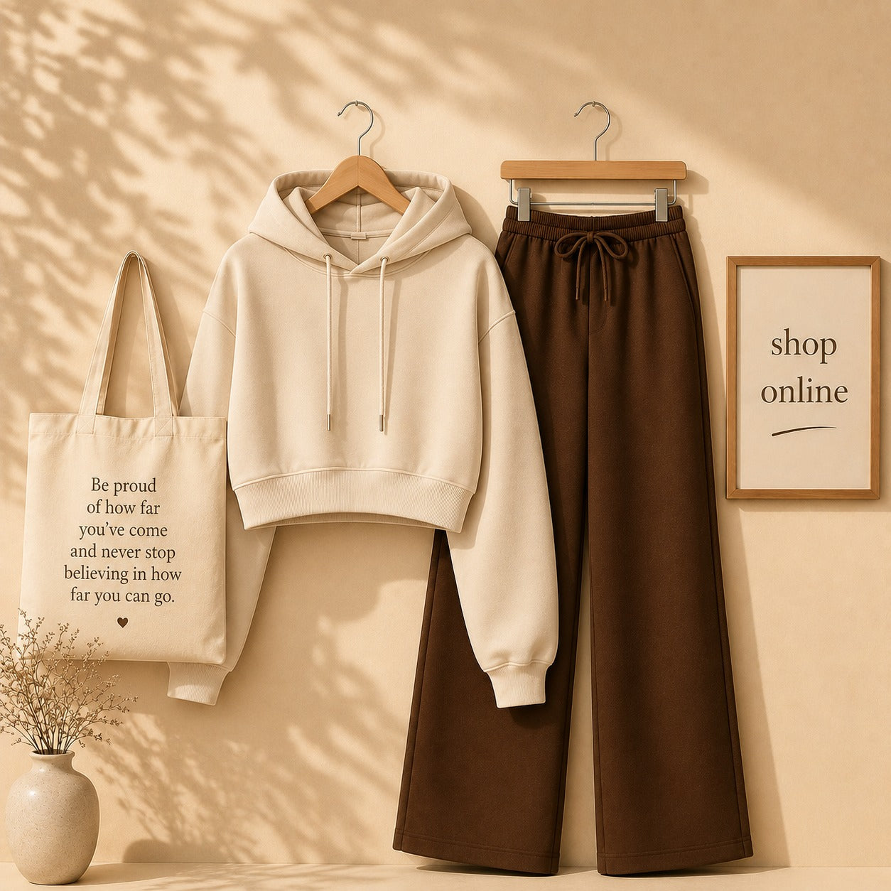 Basic Beige Crop Hoodie with Brown Flapper