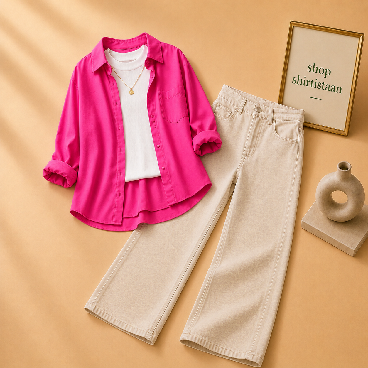 Hot Pink Button Down Shirt with White Tank top and Beige Wide Leg Jeans