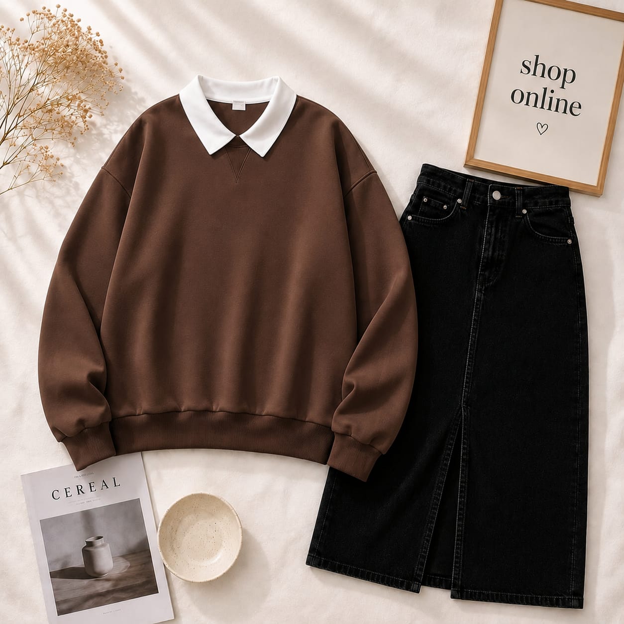BROWN COLLAR SWEATSHIRT WITH BLACK DENIM SKIRT
