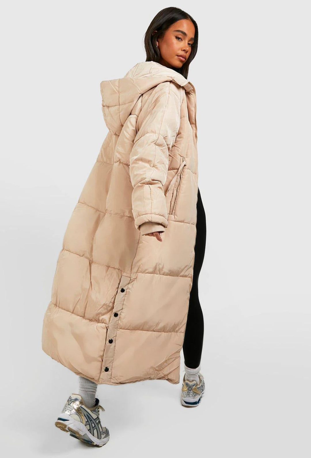 BEIGE HOOD LONGLINE PUFFER JACKET