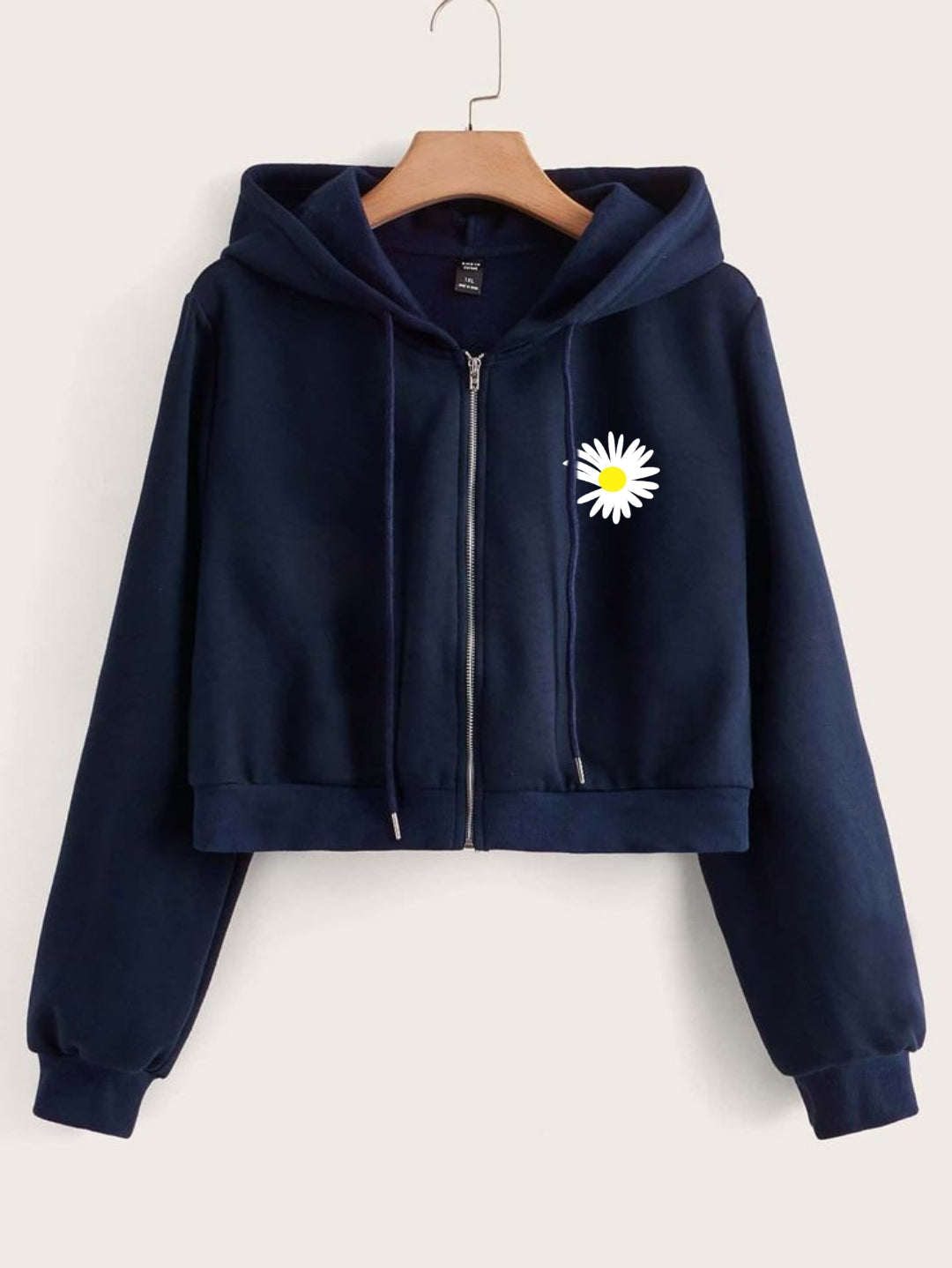 NAVY BLUE CROP ZIPPER HOOD SUNFLOWER ON POCKET