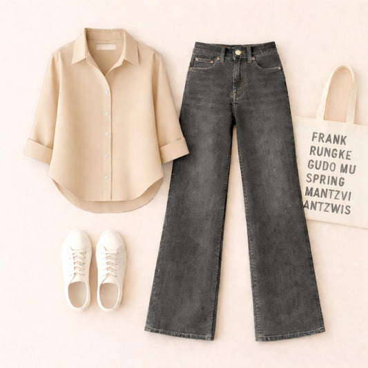 Beige Button  Down Shirt with Malaysia Black Wide Leg Jeans