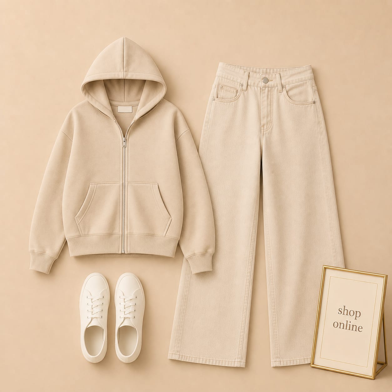 Beige Zipper with Beige Wide Leg Jeans