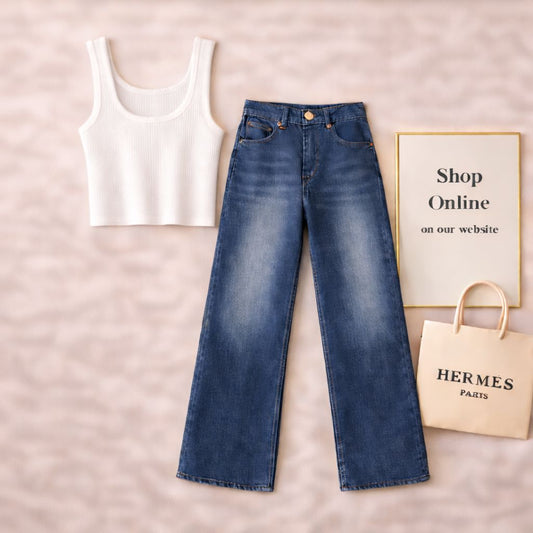 White Tanktop with Mid blue wide Leg Jeans