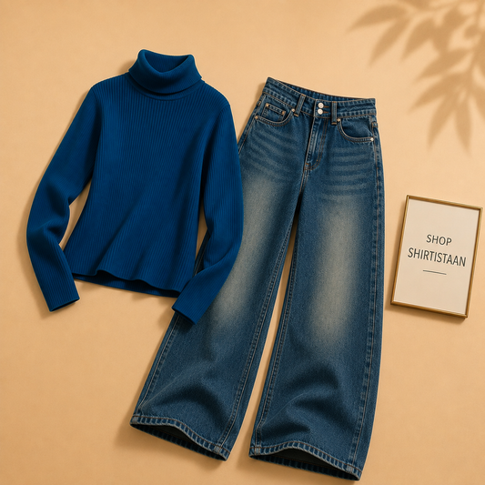 Petroleum Blue Ribknit High Neck with Darkish Blue Wide Leg Jeans