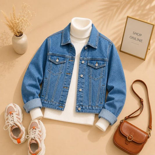 Mid Blue Denim Jacket With White Ribknit High Neck