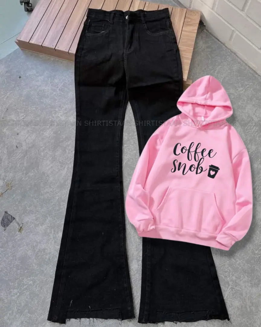 BLACK BELL BOTTOM JEANS WITH PINK HOOD COFFEE SNOB