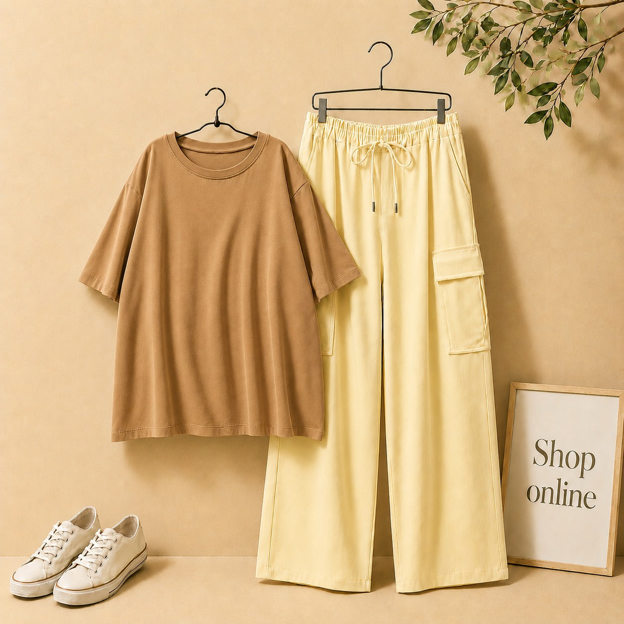 Light Brown Drop Shoulder Tee with Beige Cargo Trouser