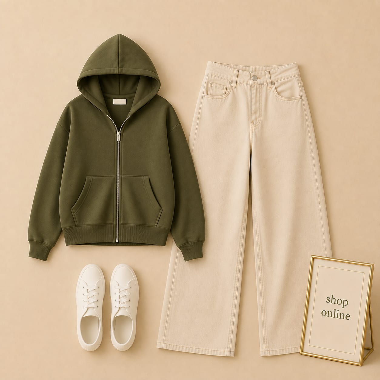 Olive Green Zipper with Beige Wide Leg Jeans