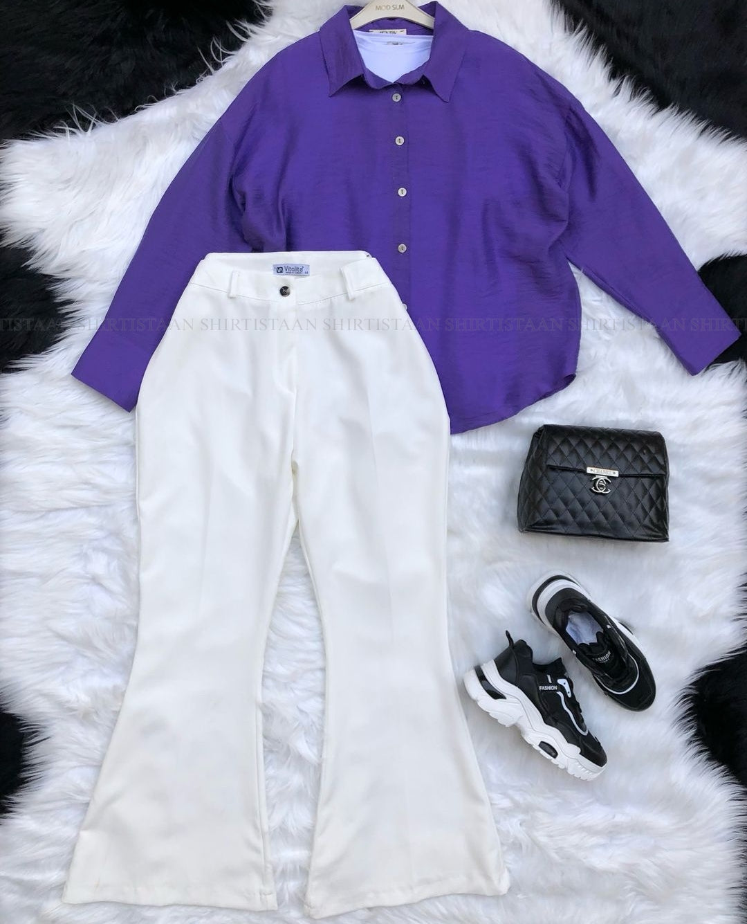 PURPLE BUTTON DOWN SHIRT WITH WHITE BELL BOTTOM JEANS