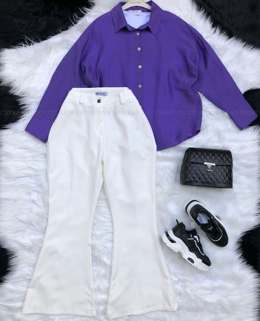 PURPLE BUTTON DOWN SHIRT WITH WHITE BELL BOTTOM JEANS