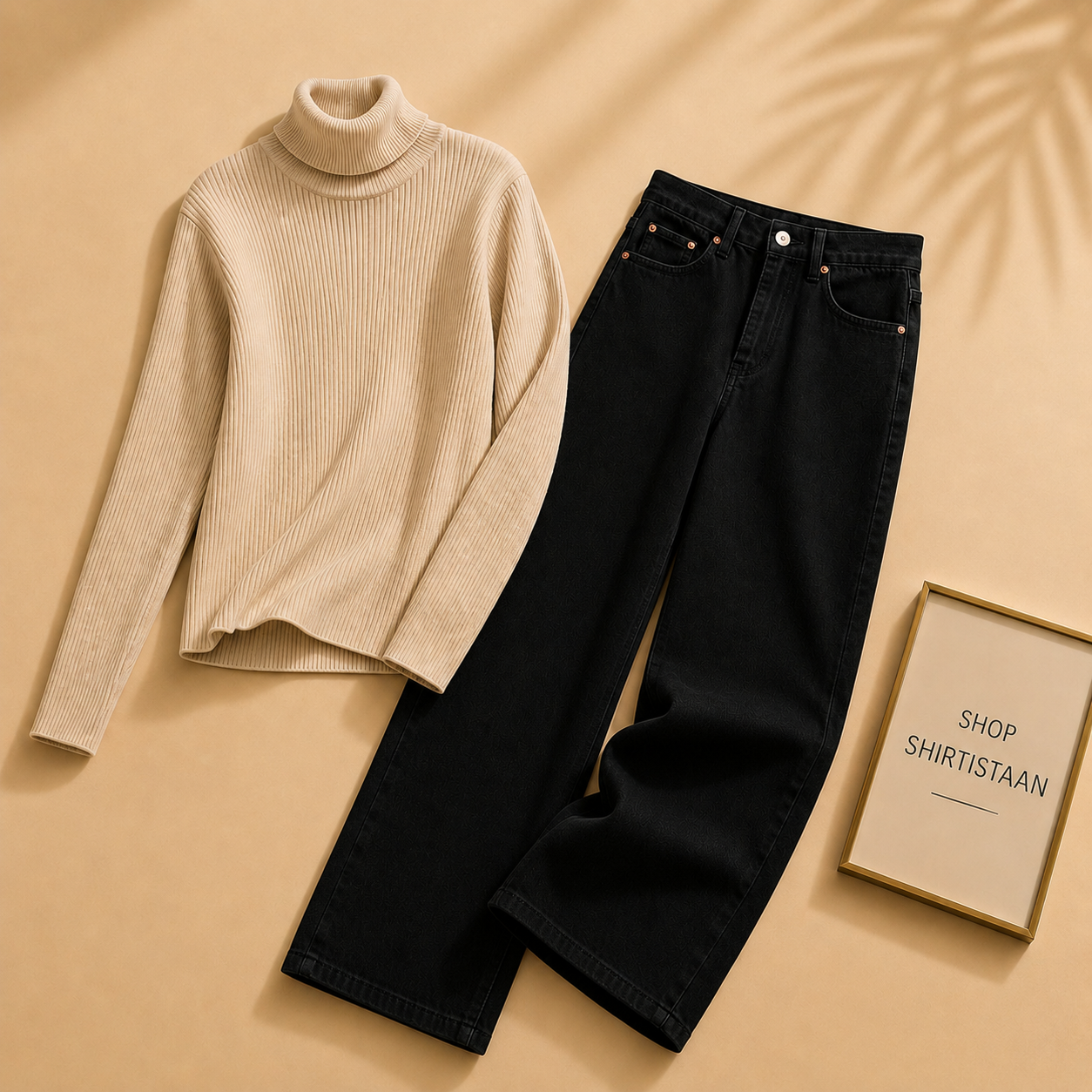 Beige Ribknit High Neck with Black Wide Leg Jeans