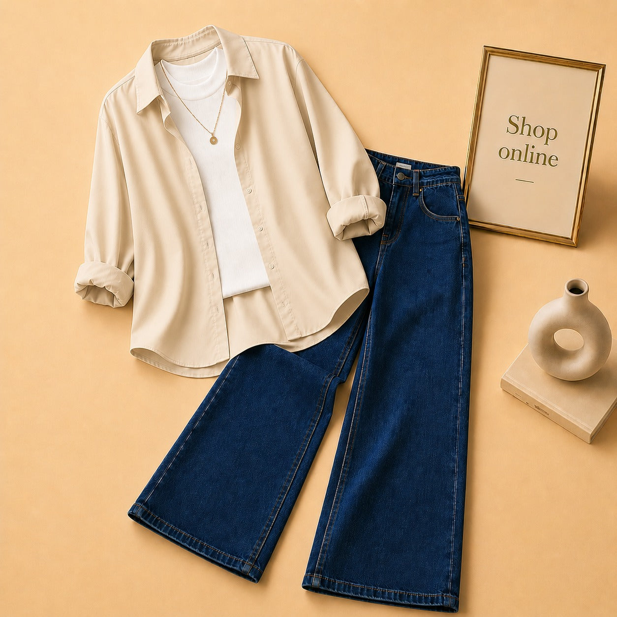 Beige Button Down Shirt with White Tank top and Mid Dark Blue Wide Leg Jeans