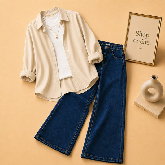 Beige Button Down Shirt with White Tank top and Mid Dark Blue Wide Leg Jeans