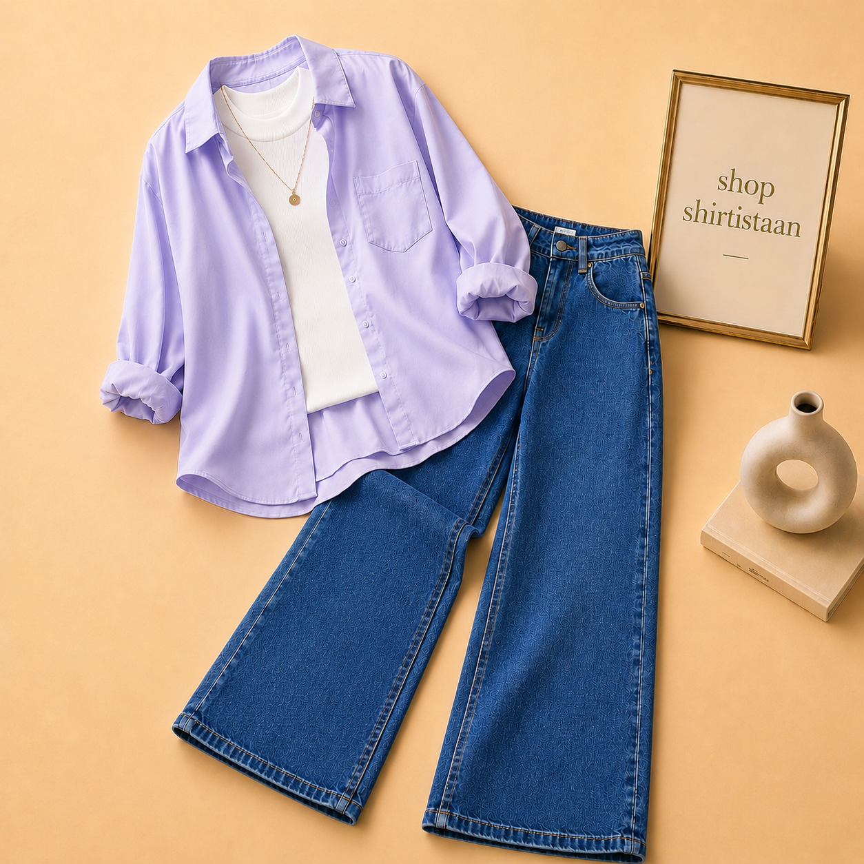 Lilac Button Down Shirt with White Tank top and Mid Dark Blue Wide Leg Jeans