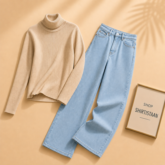 Beige Ribknit High Neck with Ice Blue Wide Leg Jeans
