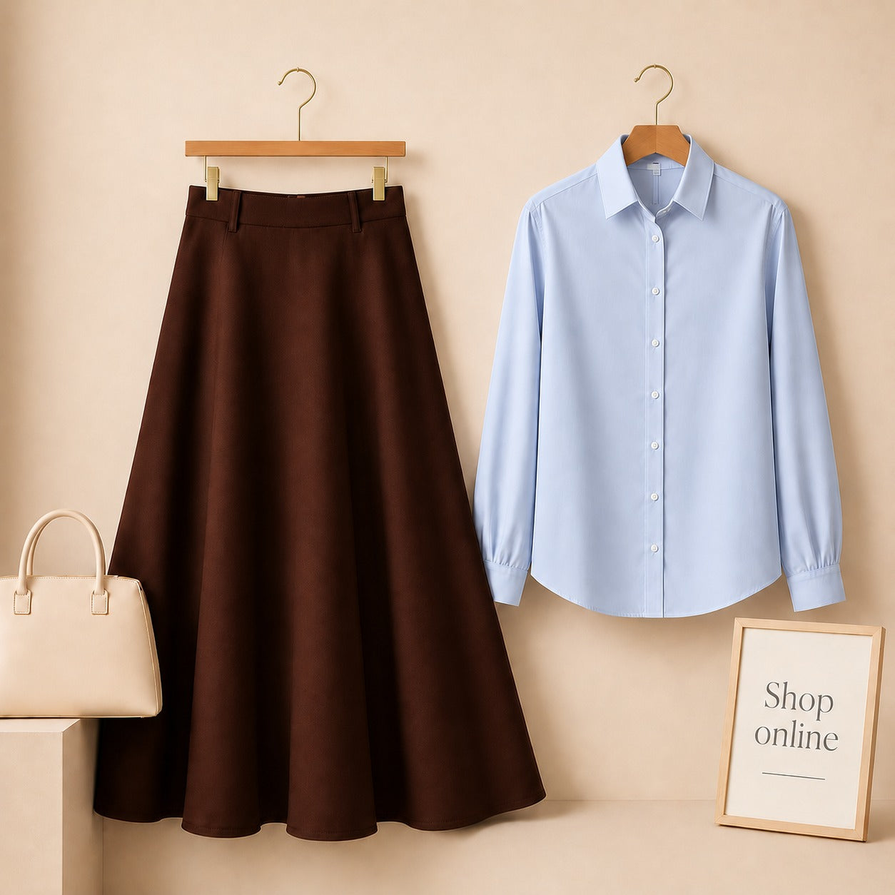 Sky Blue Button Down Shirt with Brown Cotton Twill Skirt