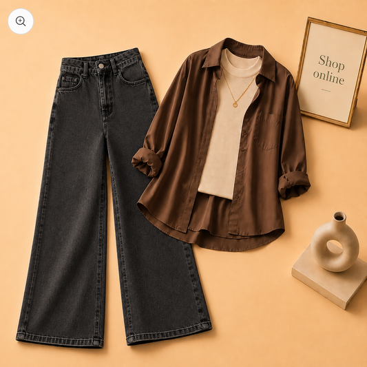 Brown Button Down Shirt with Beige Tank top and Charcoal Wide Leg Jeans