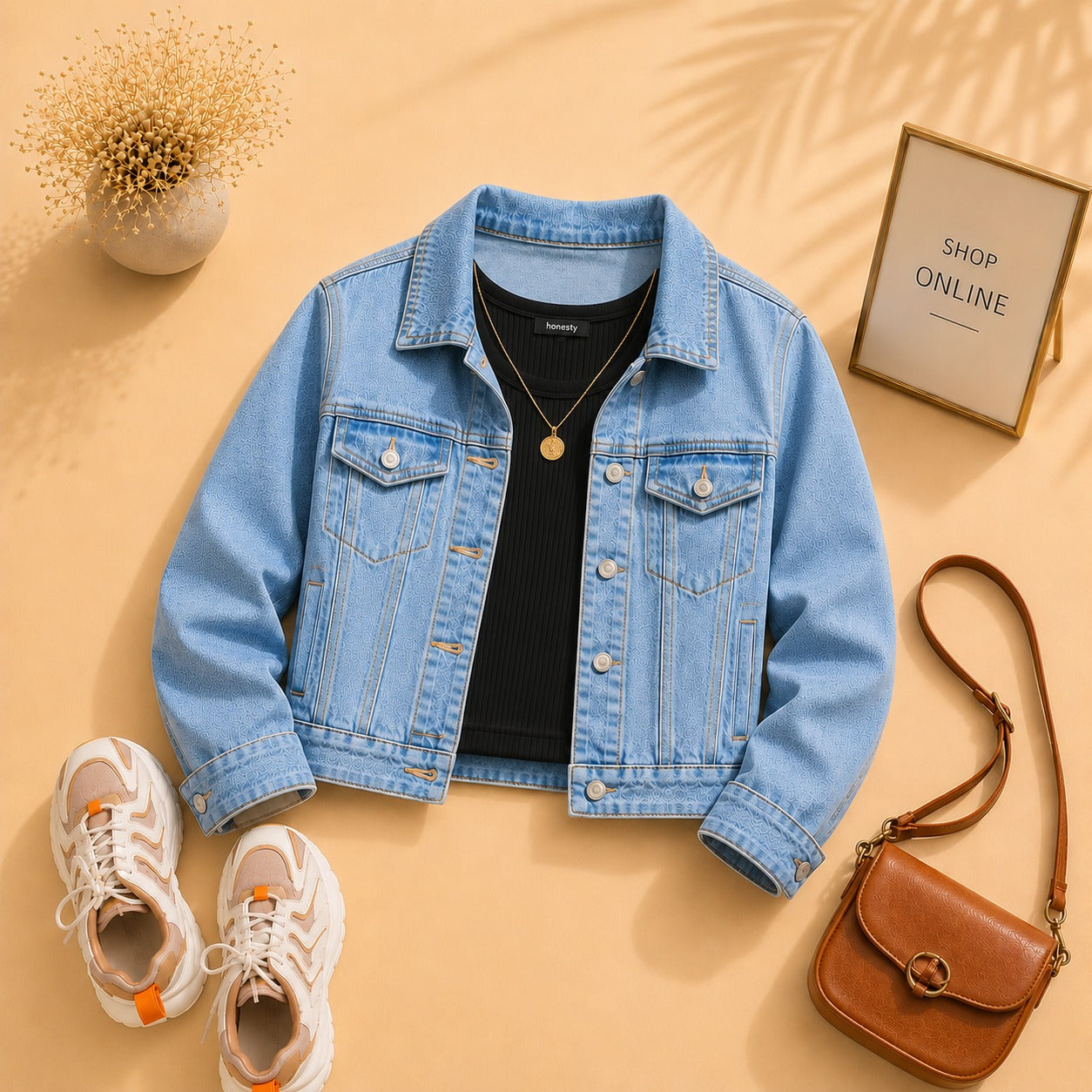 Sky Blue Denim Jacket with Black Tanktop