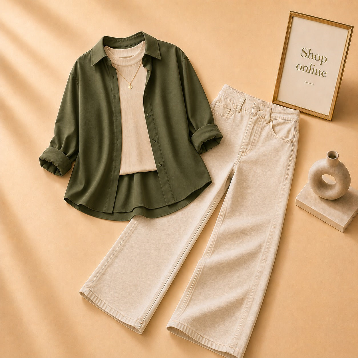 Olive Green Button Down Shirt with Beige Tank top and Beige Wide Leg Jeans
