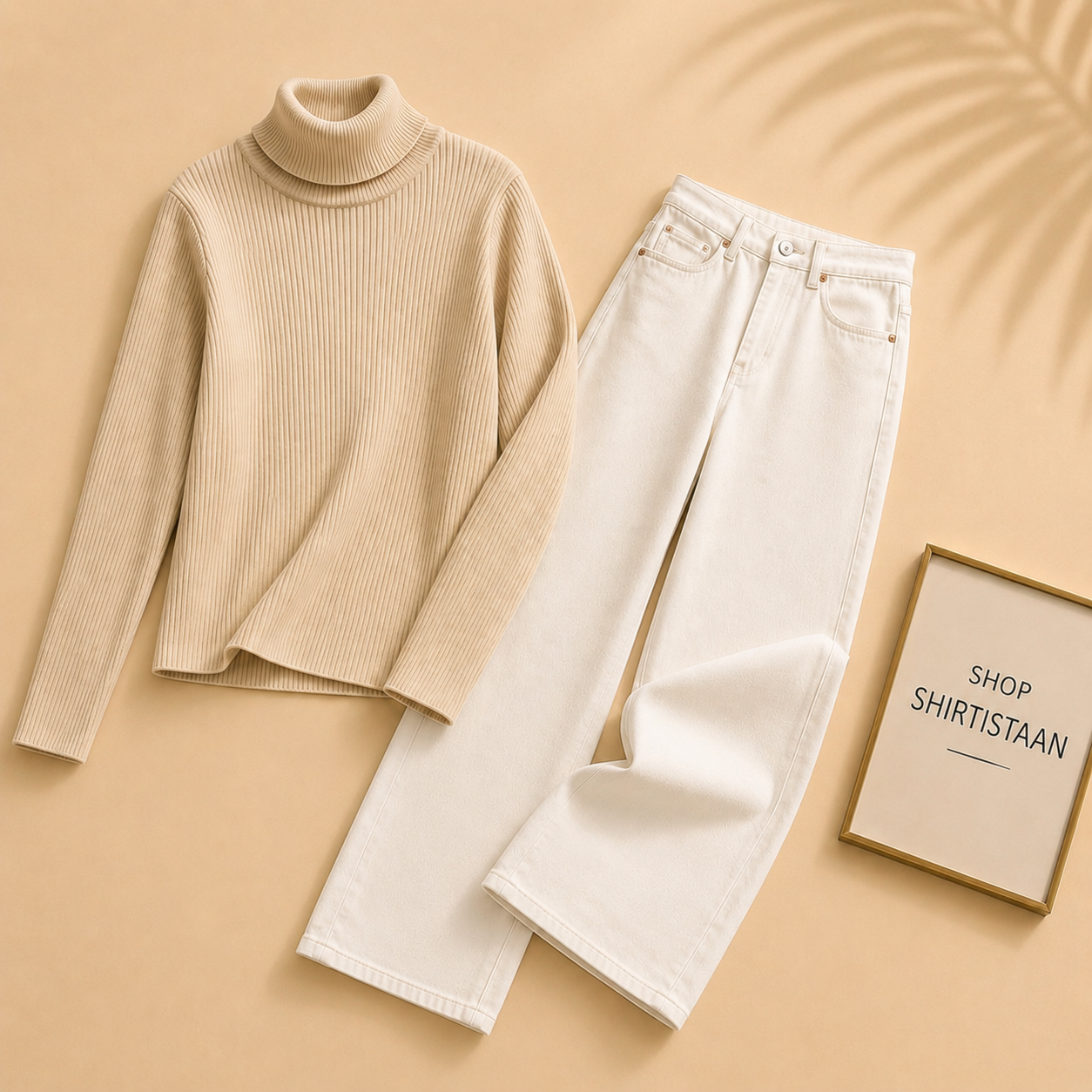 Beige Ribknit High Neck with White Wide Leg Jeans