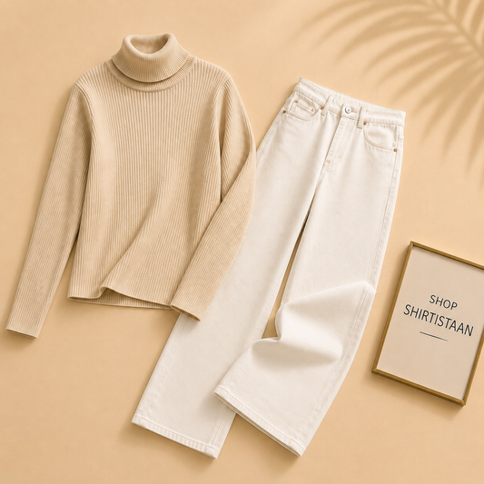 Beige Ribknit High Neck with White Wide Leg Jeans