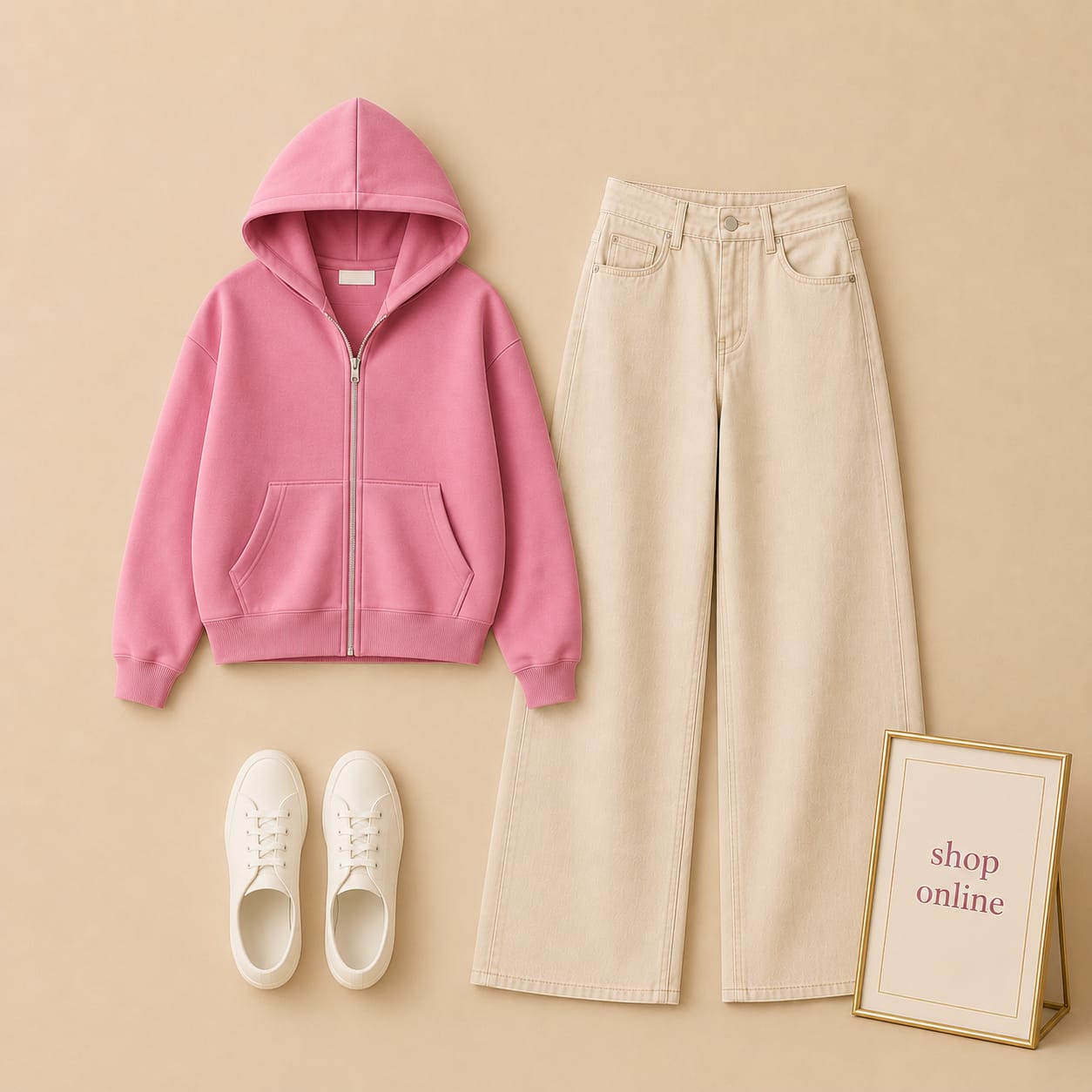 Pink Zipper with Beige Wide Leg Jeans
