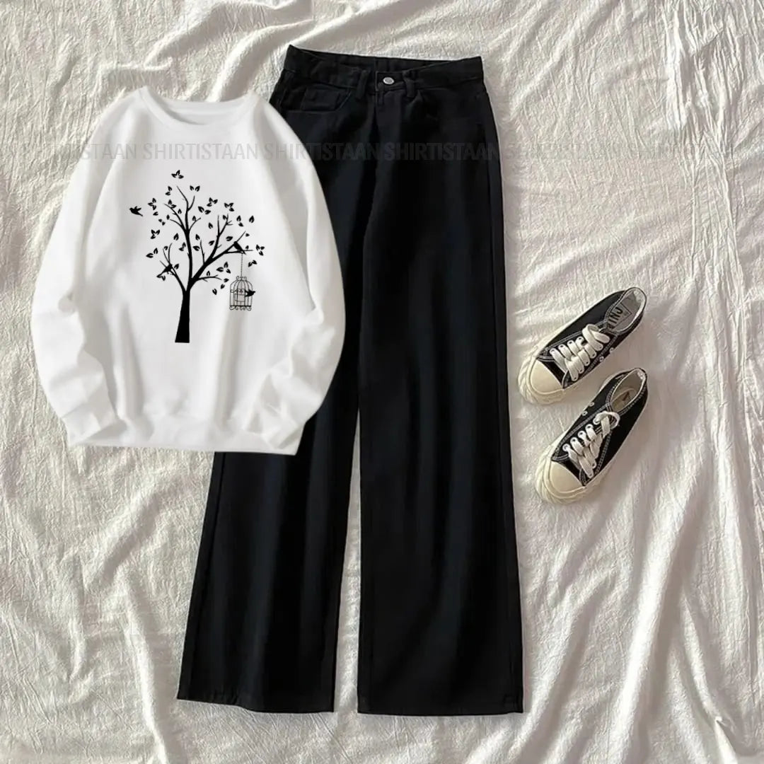 WHITE SWEATSHIRT NEW TREE WITH BLACK WIDE LEG JEANS