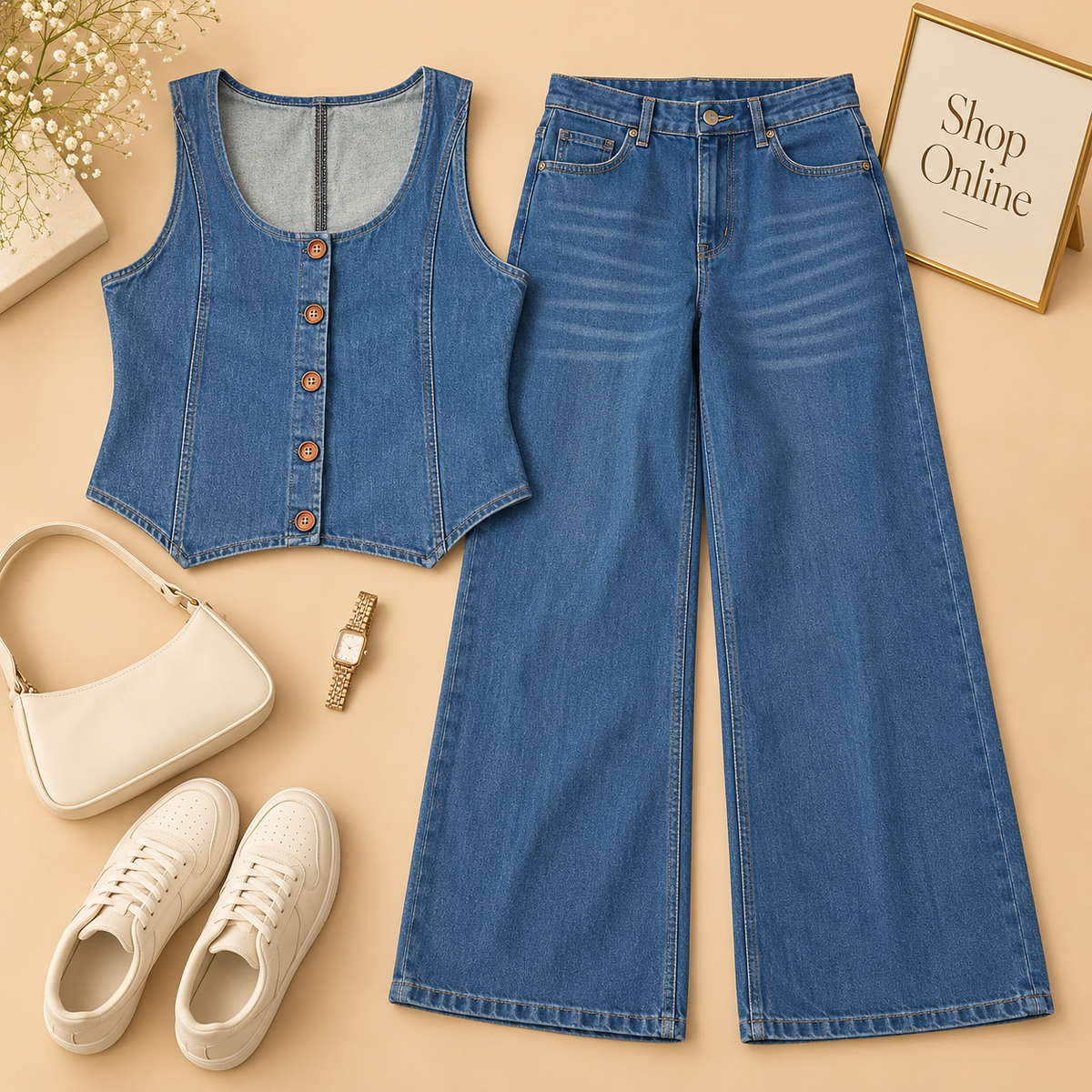 Mid Blue Denim Vest With Jeans