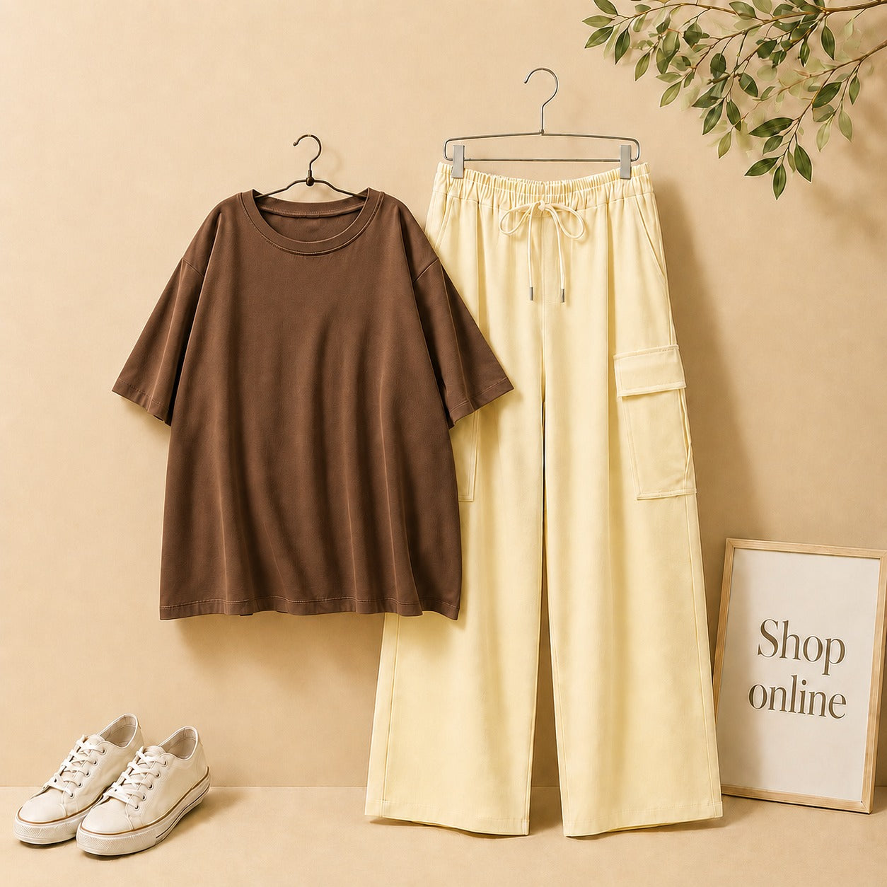 Brown Drop Shoulder Tee with Beige Cargo Trouser