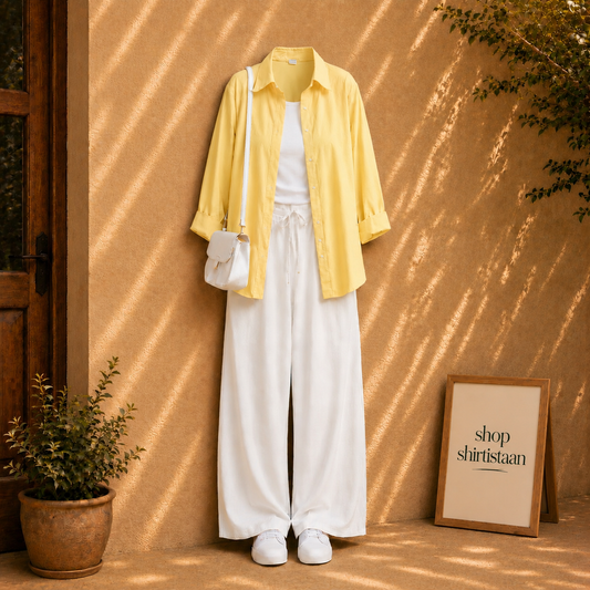 Yellow Button Down Shirt With White Tank top & White Flapper