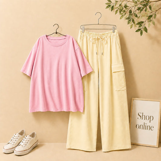 Pink Drop Shoulder Tee with Beige Cargo Trouser