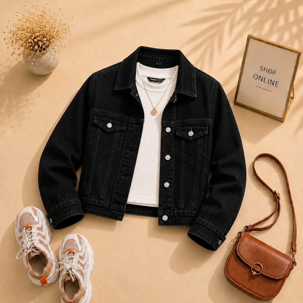 Black Denim Jacket with White Tanktop