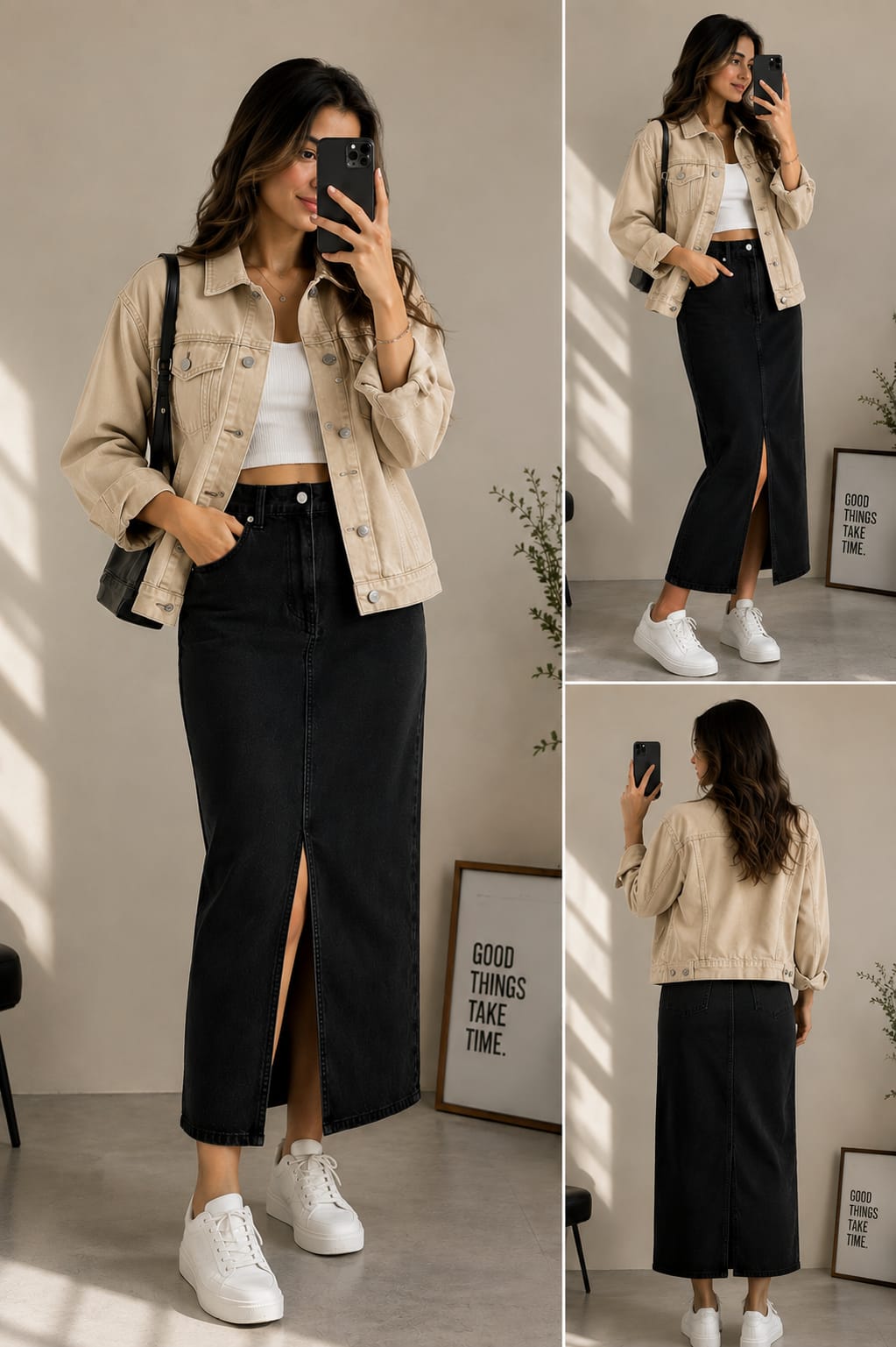 Beige Denim Jacket With Black Denim Skirt