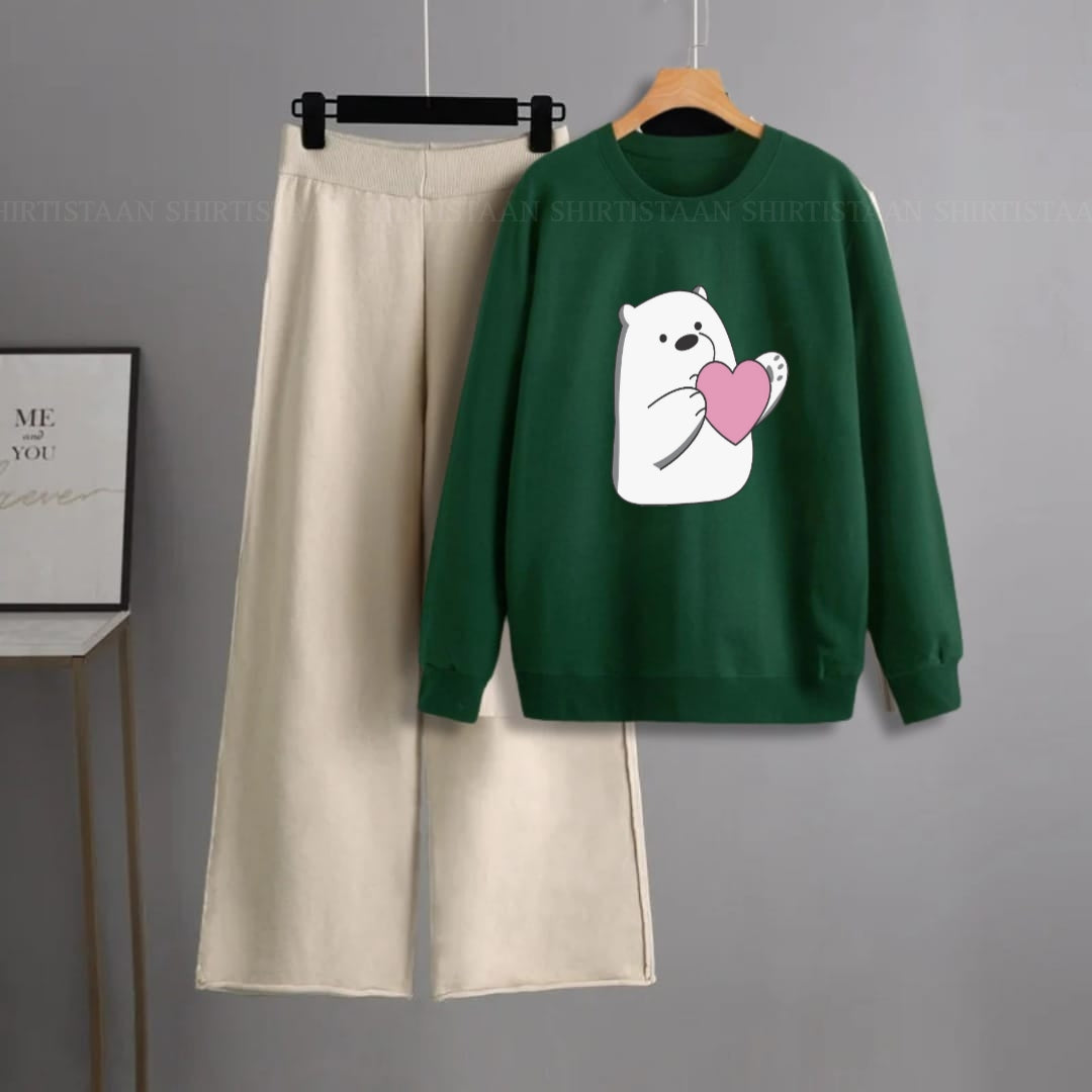 BOTTLE GREEN SWEATSHIRT BEAR HEART WITH BEIGE FLAPPER