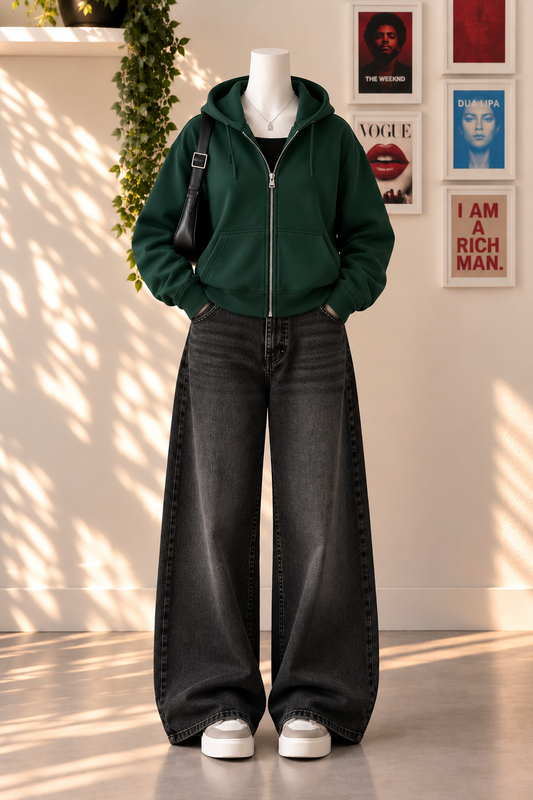 Bottle Green  Zipper with Black Vintage Jeans