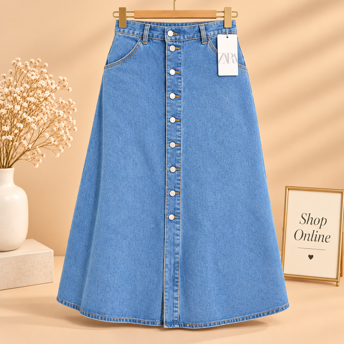 Mid Blue Denim Button  Skirt