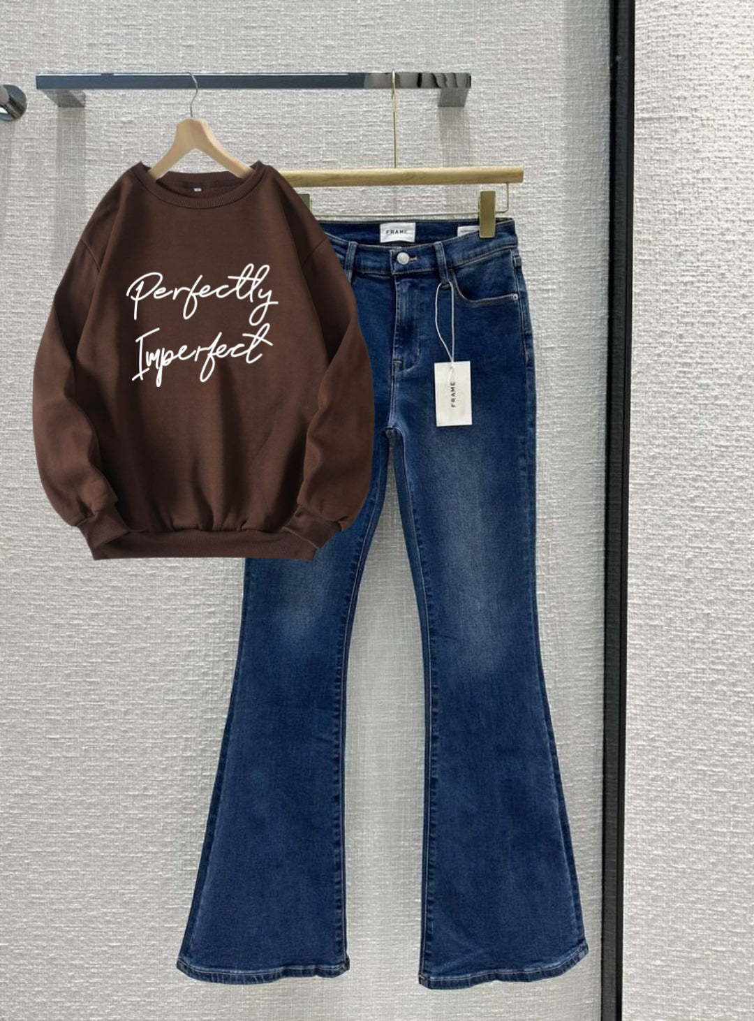 MID BLUE BELL BOTTOM JEANS WITH BROWN SWEATSHIRT PERFECTLY IMPERFECT