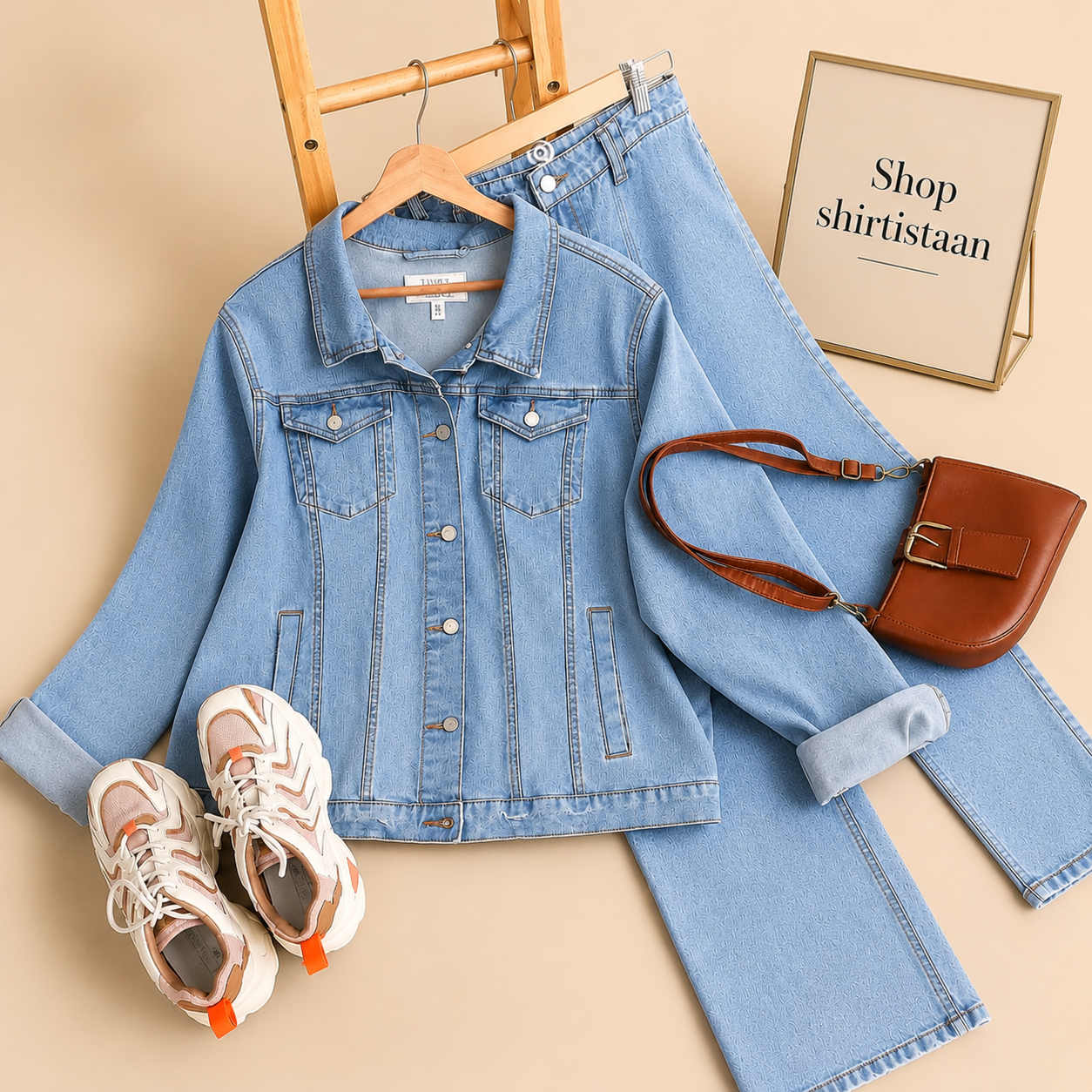 Basic Ice Blue Denim Jacket with Beige Wide leg Jeans